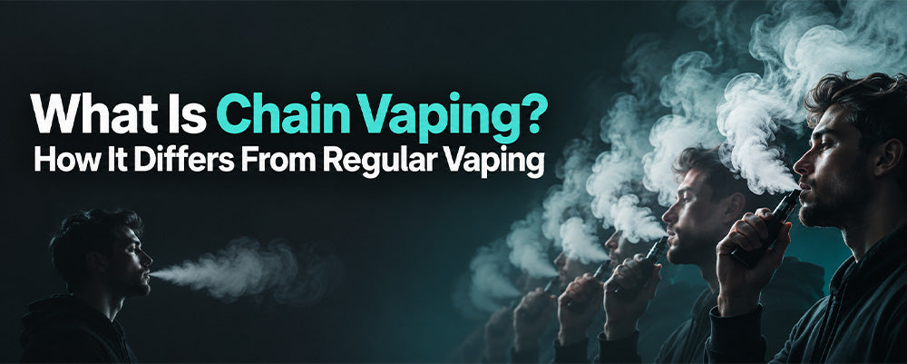 Chain vaping vs. regular vaping, showing the difference in vaping frequency and the repeated use of an e-cigarette.
